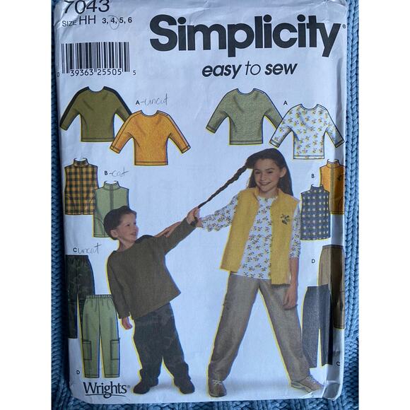 Simplicity 7043 Sewing pattern kids top vest cargo pants size 3 4 - Picture 1 of 5